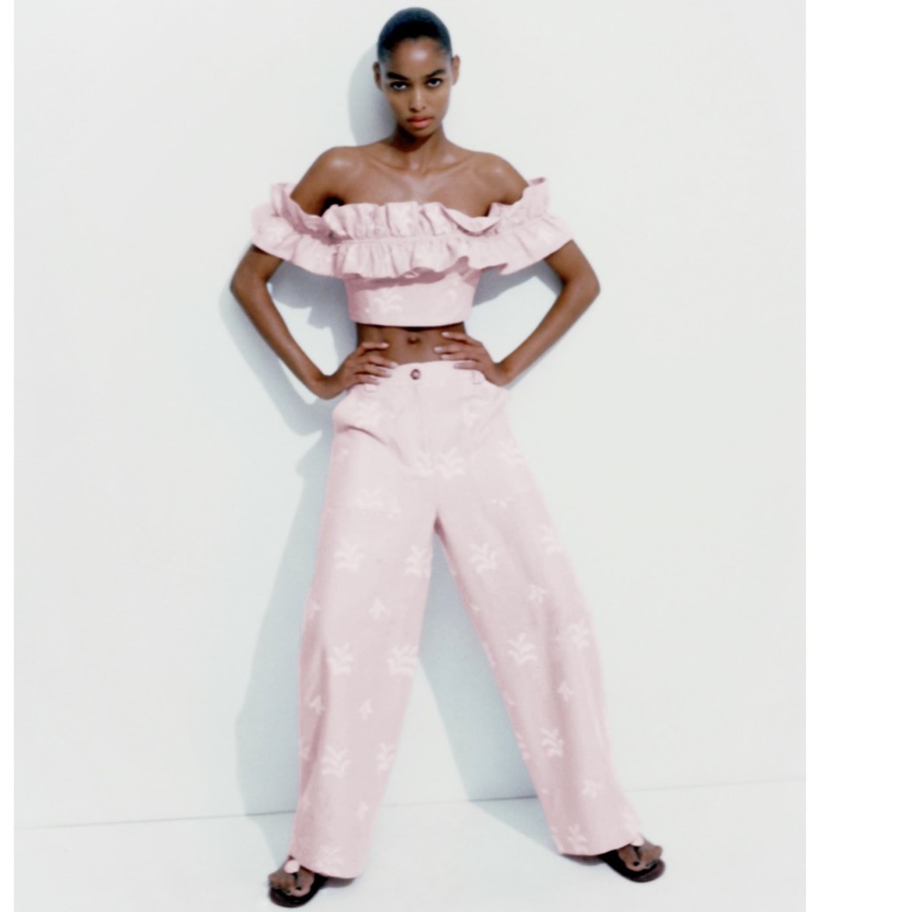 ZARA EMBROIDERED LINEN BLEND PANTS - Picture 7 of 11